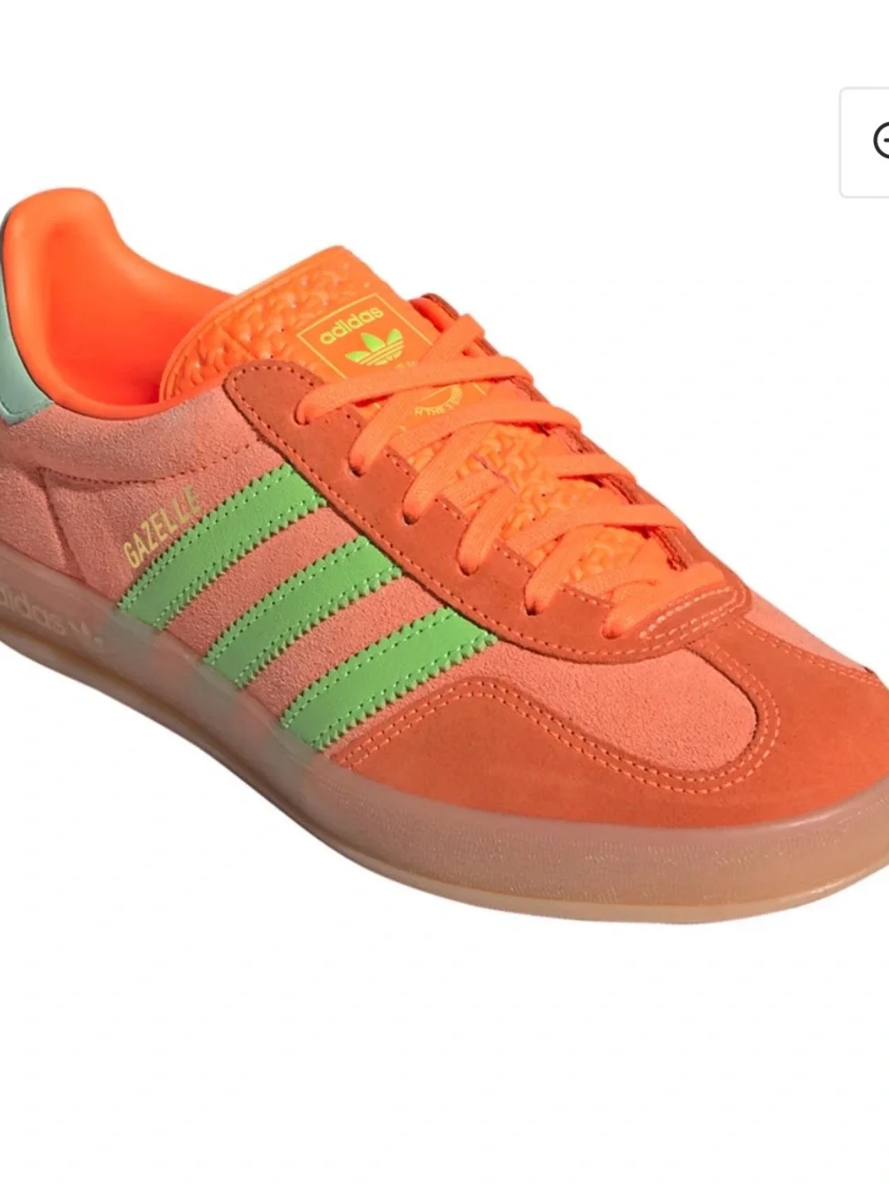 NWOT Adidas Gazelle Indoor Solar Orange Solar Green sneaker, size 8.5.